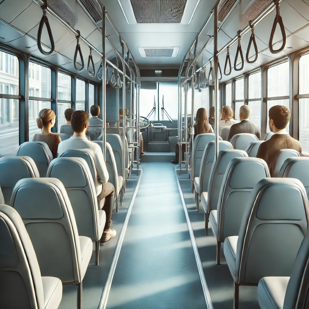 DALL·E 2025-01-11 10.29.15 - A realistic image of passengers sitting in a clean and modern bus. The bus interior is bright and spacious with large comfortable seats and clear view