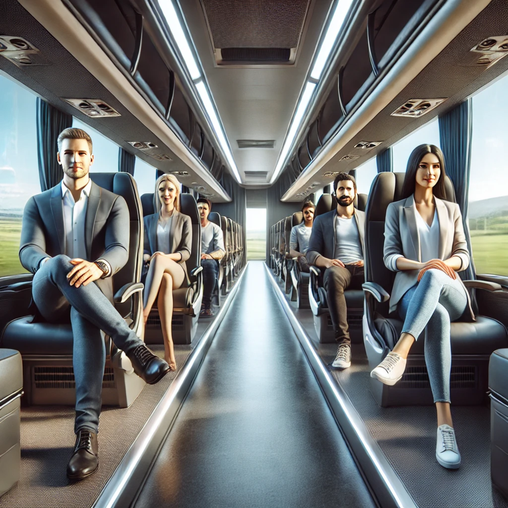 DALL·E 2025-01-11 10.32.16 - A professional and realistic image of passengers sitting comfortably in a modern bus interior, with clear lighting, clean and spacious seating arrange